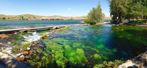 A serene landscape featuring a clear blue river, lush green vegetation, and gentle flowing water under a bright sky.