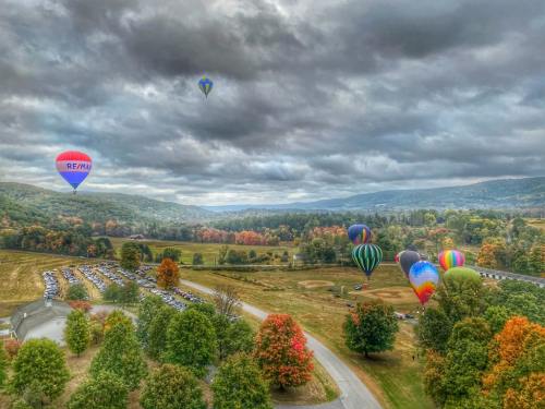 Colorful hot air balloons float over a scenic landscape with autumn trees and a cloudy sky.
