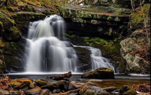 A serene waterfall cascades over rocks, surrounded by lush greenery and autumn leaves.
