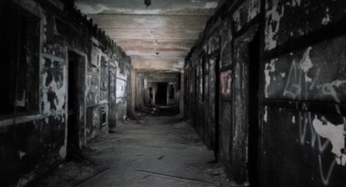 A dimly lit, abandoned hallway with peeling walls and graffiti, leading into darkness. Dust and debris cover the floor.