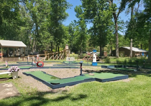 A sunny mini-golf course surrounded by trees, featuring various obstacles and a cozy atmosphere.