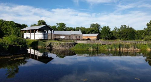 A serene landscape featuring a wooden building by a calm pond, surrounded by lush greenery and blue skies.