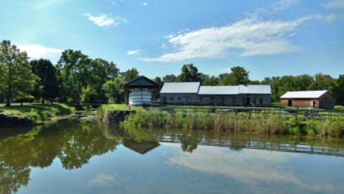 A serene farm scene with a pond reflecting buildings and trees under a clear blue sky.