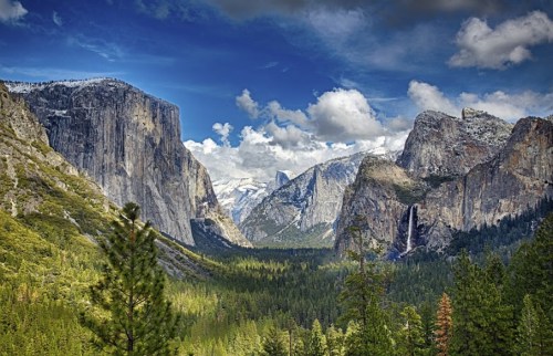 A panoramic view of Yosemite Valley, featuring towering cliffs, lush forests, and a waterfall under a blue sky.