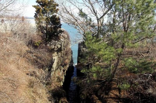 A narrow rocky gorge leads to a body of water, surrounded by trees and sparse vegetation.