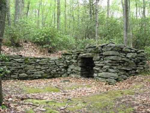 A stone structure partially hidden in a forest, surrounded by trees and fallen leaves.