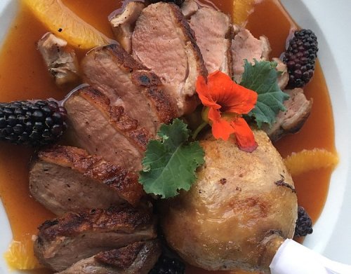 A beautifully plated dish featuring sliced duck, garnished with orange slices, blackberries, and a flower.