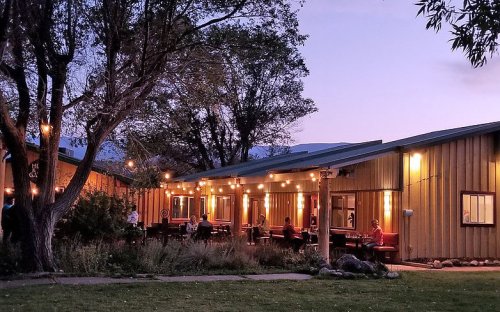 A cozy outdoor dining area with string lights, surrounded by trees, at dusk.