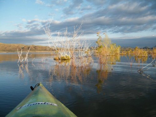 A kayak glides over calm water, reflecting trees and clouds in a serene landscape.