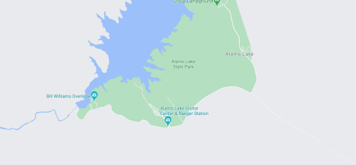 Map showing Alamo Lake State Park, including Alamo Lake and nearby visitor center and ranger station.