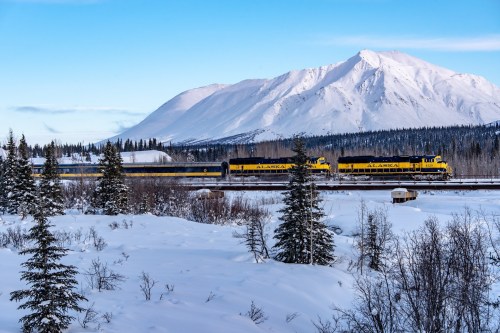 A yellow and blue train travels through a snowy landscape with mountains and evergreen trees in the background.