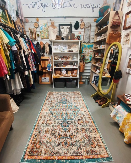 A vintage shop interior featuring colorful clothing racks, decorative items, and a patterned rug down the center aisle.
