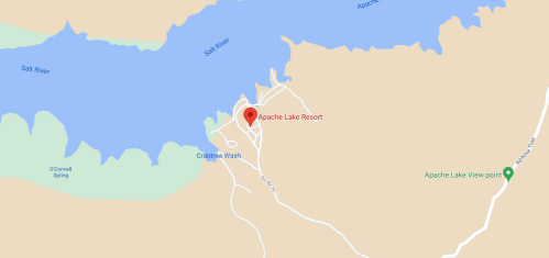 Map showing Apache Lake Resort near the Salt River, with nearby locations like Crabtree Wash and Apache Lake View Point.