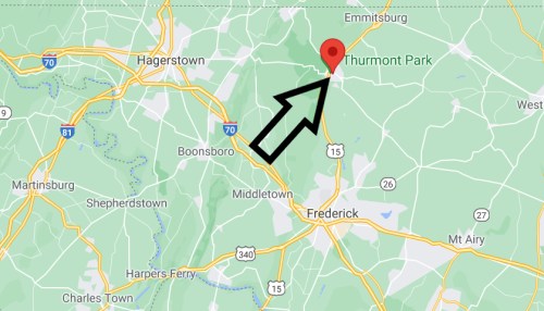 Map showing Thurmont Park marked with a red pin, located near Emmitsburg and Frederick, Maryland.