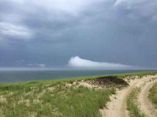A sandy path leads to a stormy sea under dark clouds, with mist rising from the water's surface.