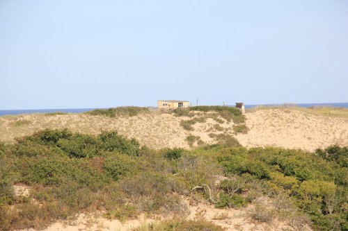 A sandy dune landscape with sparse vegetation and a small building in the distance, overlooking the ocean.