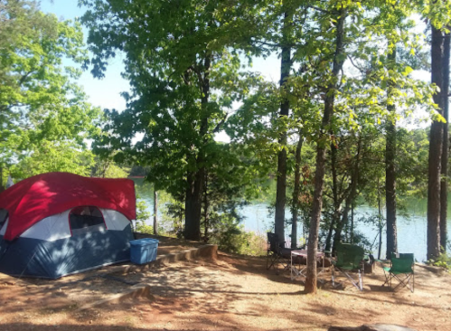 A red and blue tent by a lake, surrounded by trees, with camping chairs set up nearby.