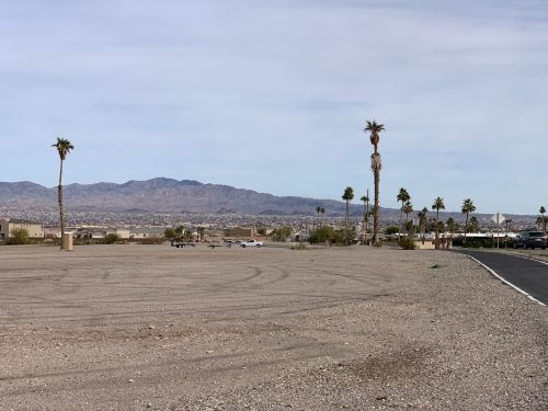 A barren landscape with palm trees and distant mountains under a cloudy sky. A road runs along the edge of the scene.