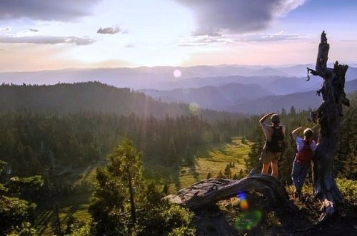 Two hikers admire a scenic mountain view at sunset, surrounded by lush trees and rolling hills.