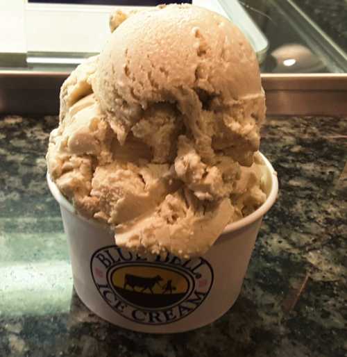 A cup of Blue Bell ice cream with a creamy, light-colored scoop on top, set against a granite countertop.