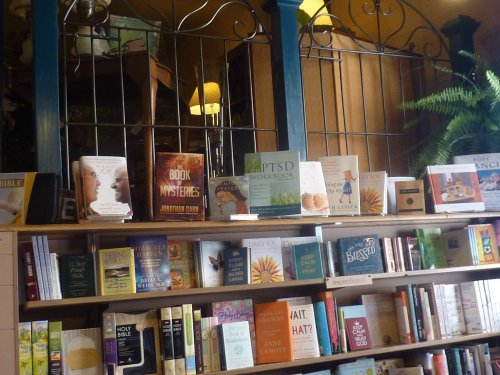 A cozy bookshelf filled with various books, including titles on mysteries and PTSD, in a warm, inviting setting.