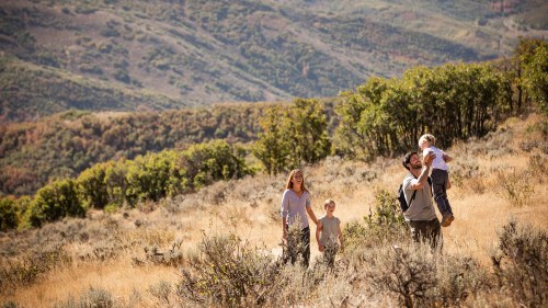 A family of four walks through a grassy field with mountains in the background, enjoying a sunny day outdoors.