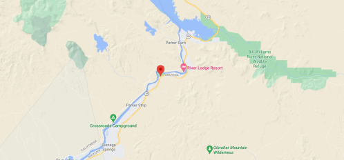 Map showing the location of River Lodge Resort near Parker Dam, surrounded by natural landscapes and nearby campgrounds.