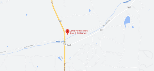 Map showing the location of Camp Verde General Store & Restaurant along a highway, near Mico Creek.