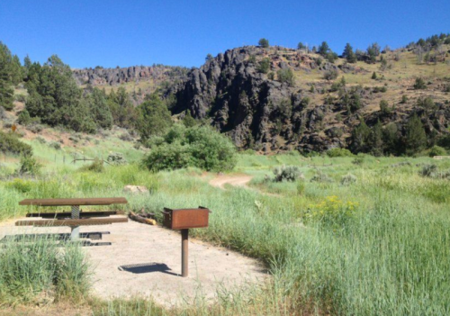 A picnic area with a grill surrounded by tall grass and rocky hills under a clear blue sky.