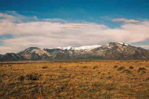 A vast landscape featuring golden grasslands in the foreground and snow-capped mountains under a blue sky.