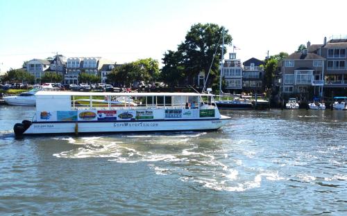 A white boat with advertisements navigates a calm river, surrounded by houses and trees on a sunny day.