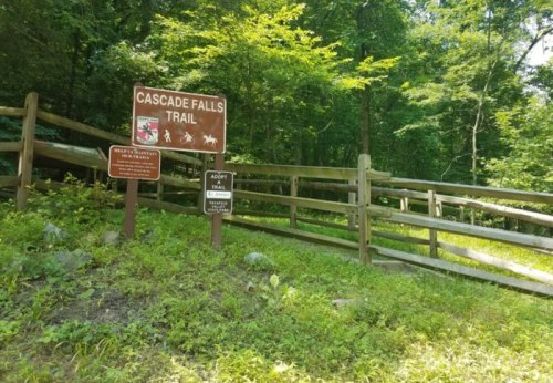 Sign for Cascade Falls Trail with wooden fencing and lush greenery in the background.