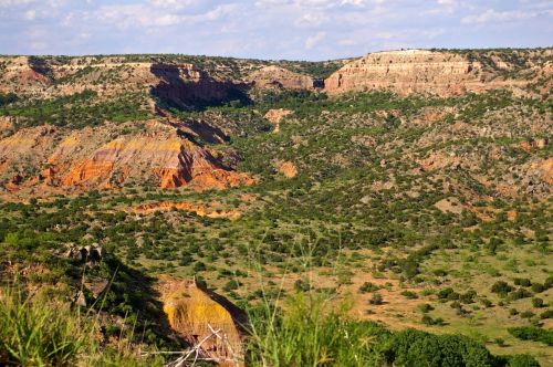 A scenic view of rugged, colorful hills and valleys under a blue sky, with scattered greenery in the foreground.