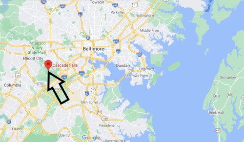 Map showing the location of Cascade Falls, near Baltimore, Maryland, with an arrow pointing to the site.