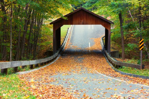 A covered bridge surrounded by trees, with a road covered in colorful autumn leaves.