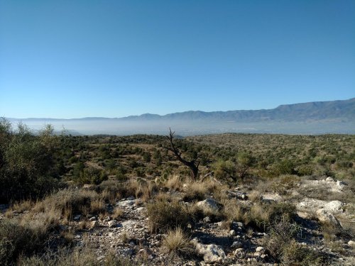 A panoramic view of a desert landscape with distant mountains and a clear blue sky, featuring sparse vegetation and rocky terrain.