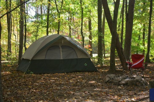 A tent set up in a wooded area with colorful autumn leaves and a camping chair nearby.