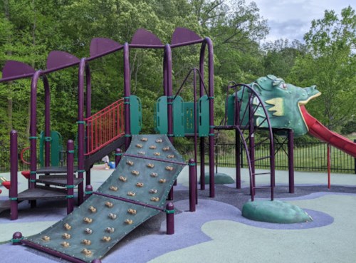 Colorful playground equipment featuring a dragon-themed slide and climbing wall, set in a green park.