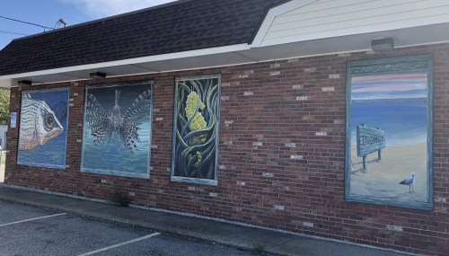 Colorful murals on a brick wall depict fish, a butterfly, seaweed, and a beach scene with a sign.