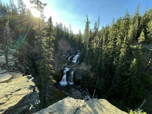 A scenic view of a waterfall surrounded by lush green trees and sunlight filtering through the forest.