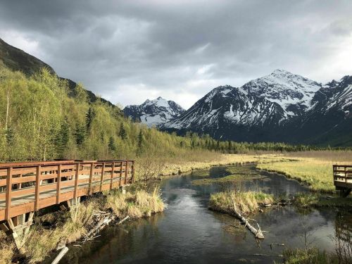 A wooden boardwalk leads through a lush landscape with mountains and a stream under a cloudy sky.