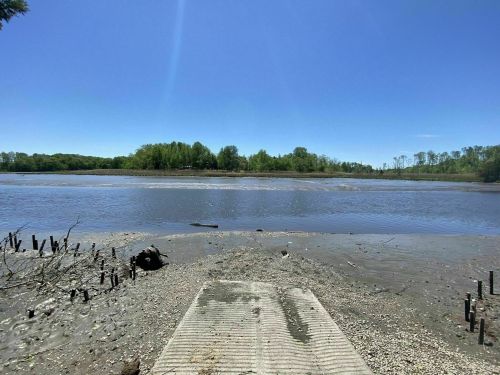 A serene river scene with a clear blue sky, green trees in the background, and a gravelly shore in the foreground.