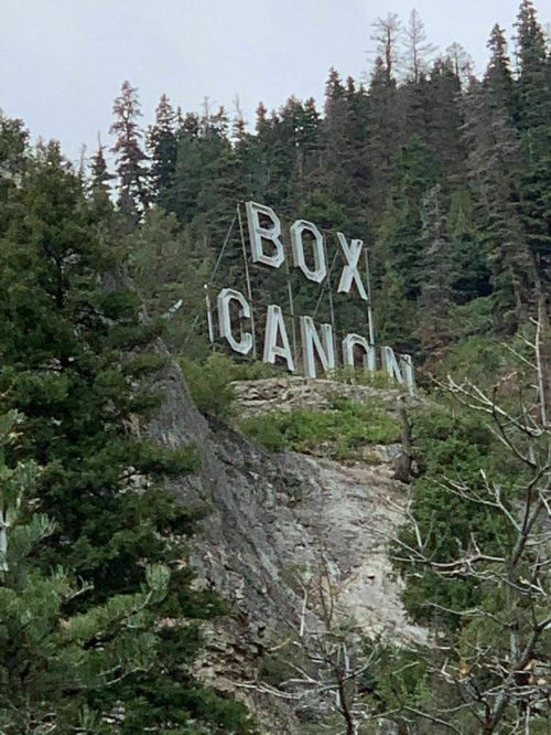 Sign reading "BOX CANON" on a rocky hillside surrounded by trees.