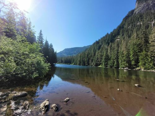 A serene lake surrounded by lush green trees and mountains under a clear blue sky.
