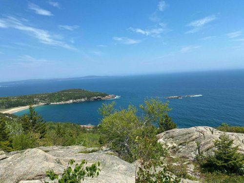 A scenic view of a coastline with rocky cliffs, lush greenery, and a clear blue ocean under a bright sky.