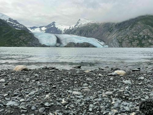 A rocky shoreline with smooth stones, leading to a glacier and mountains under a cloudy sky.