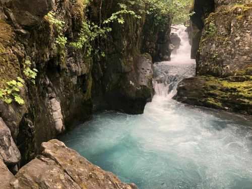A serene river flows between rocky cliffs, surrounded by lush greenery and moss, creating a tranquil natural scene.