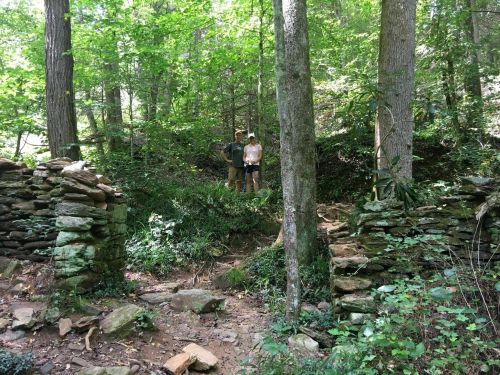 Two people stand on a forest path surrounded by trees and stone ruins in a lush green setting.