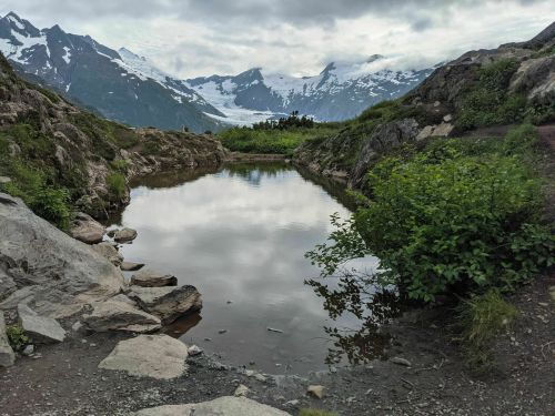 A serene mountain landscape with a reflective pond surrounded by rocky terrain and lush greenery under a cloudy sky.
