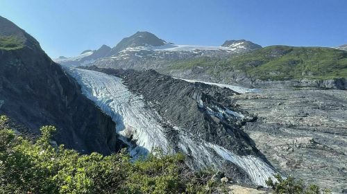 A stunning glacier flows down a rocky mountain landscape under a clear blue sky, surrounded by lush greenery.